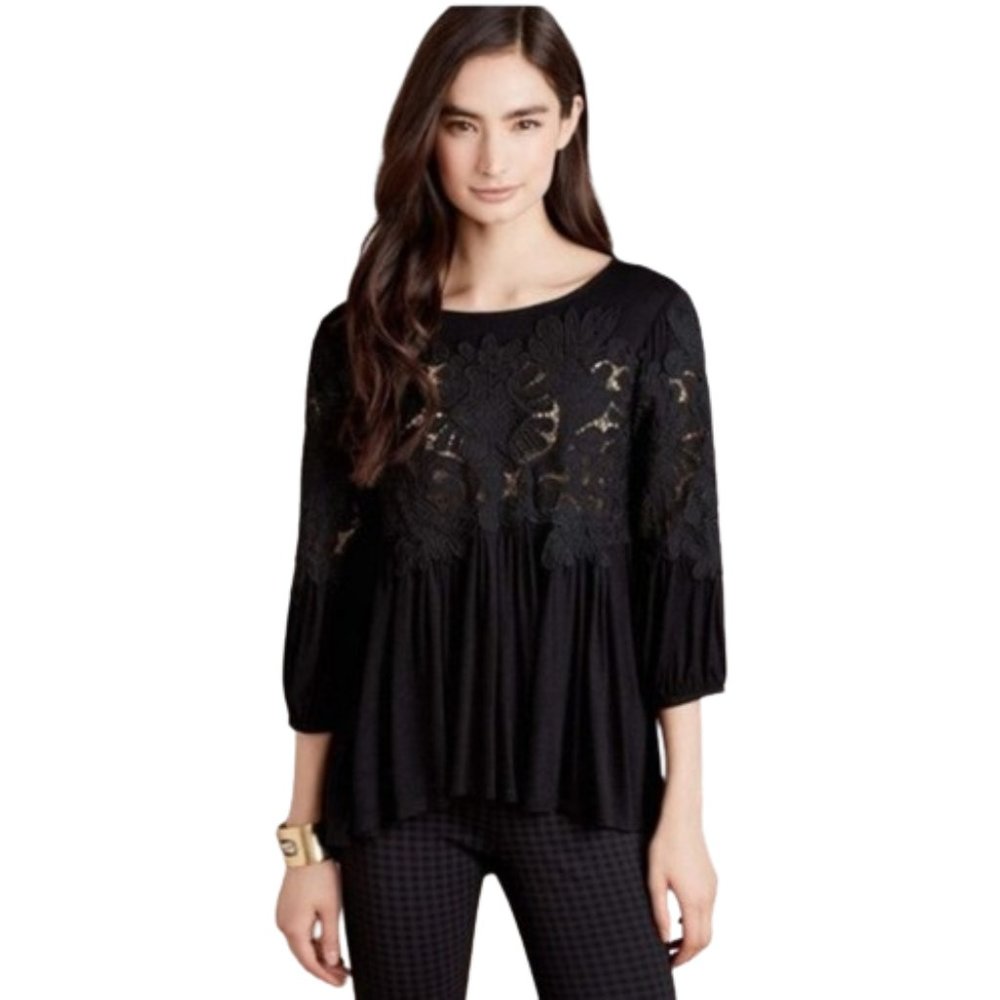 Anthropologie Deletta Black Lace Embroidered Top